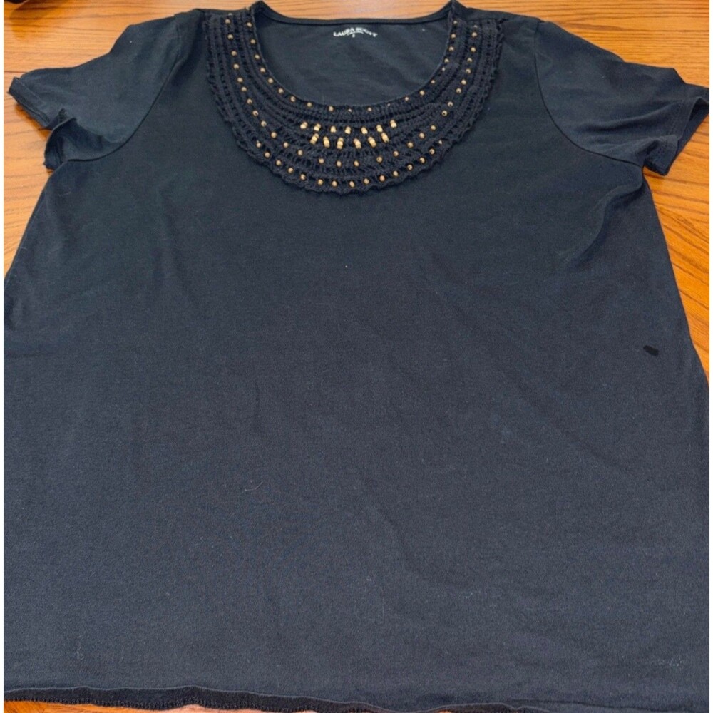 Laura Scott 100 % Cotton Short Sleeve Tee Crochet Beads At Neckline  Black Sz L.